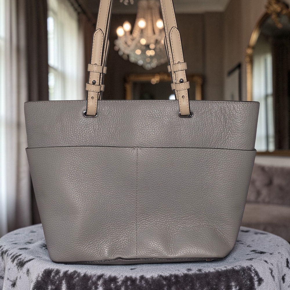 Michael Kors Pebbled Leather Tote Gray & Beige Large Shoulder Bag Authentic - Picture 3 of 8